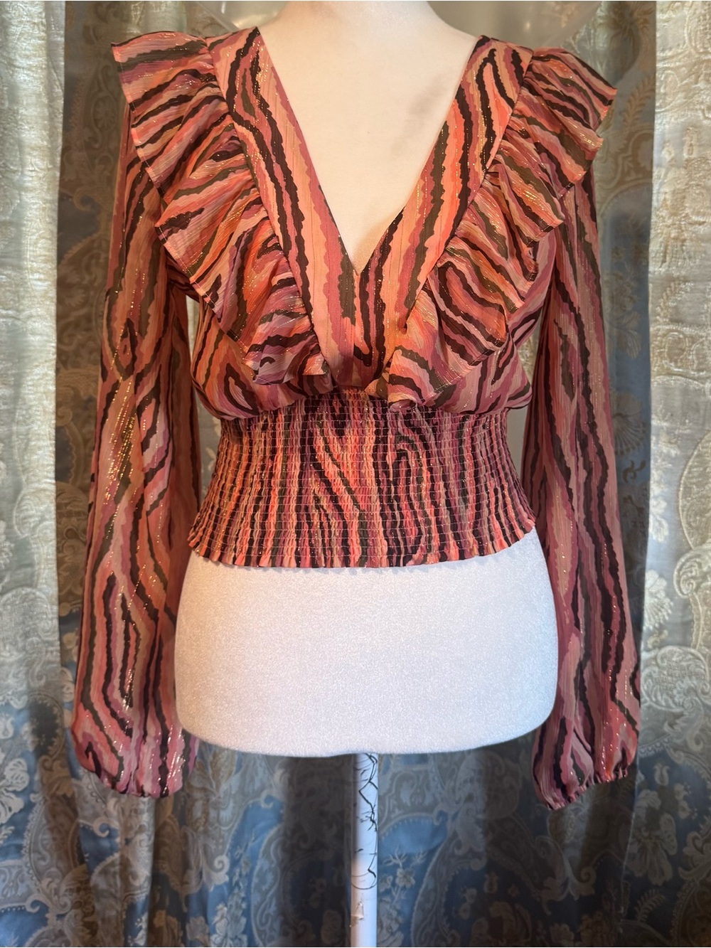 Bar ||| Women’s tops Pink Ruffled V-Neck Long Sleeve Blouse